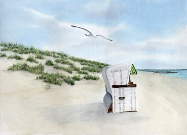 Postkarte DIN-A6  Aquarell Maritim Kunst Druck Kunstdruck Dänemark Nordsee Ostsee Strandkorb Düne Dünen Sylt Meer Möwe Strand